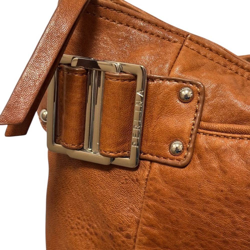 Perlina NY Brown Leather Hobo Bag, SUPER Soft Slouch Shoulder W/Buckle Accent - Picture 4 of 14